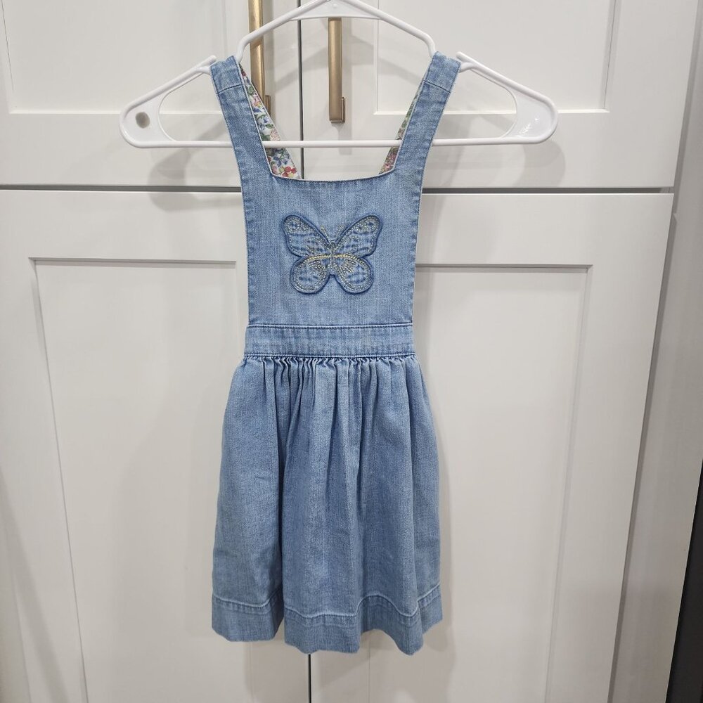 Girls Denim Pinafore Dress With Butterfly Embroidery & Floral Straps - Size 4-5Y